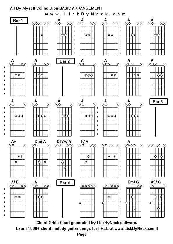 Chord Grids Chart of chord melody fingerstyle guitar song-All By Myself-Celine Dion-BASIC ARRANGEMENT,generated by LickByNeck software.